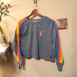 Aviator Nation Bolt Cropped Classic Sweatshirt in Heather Grey & Neon Rainbow